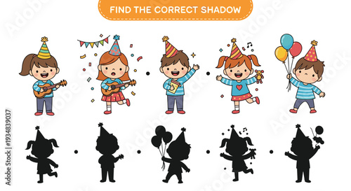 Fun educational shadow matching game for children featuring diverse kids celebrating a birthday party with gifts and music.