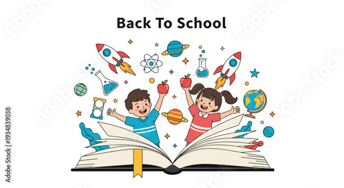 Excited young boy and girl holding apples and standing by a large open book with science and space icons for back to school.
