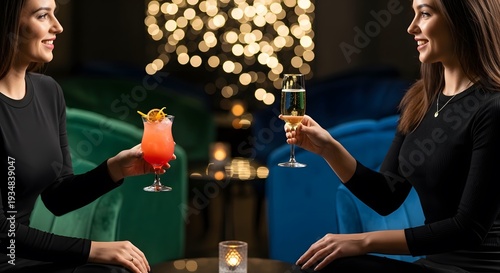 Elegant Women Toasting Drinks at a Stylish Bar with Bokeh