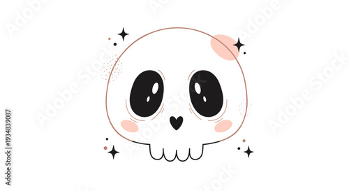 Adorable and tiny cartoon skull character with pink rosy cheeks and heart shaped nose surrounded by black and gold stars.