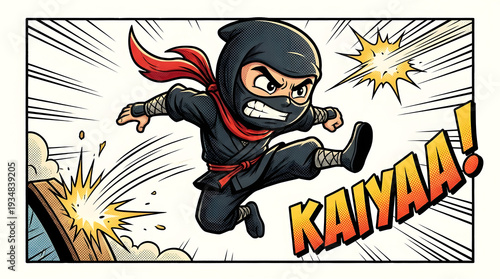 Cartoon Ninja in Action Pose Jumping.