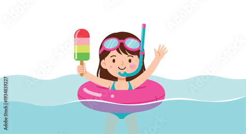 Happy young girl in the water wearing pink goggles and a swimming ring while holding a colorful layered ice cream treat.