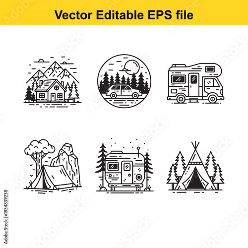 Camping Icons Set with Vehicles and Tents - Vector Illustration