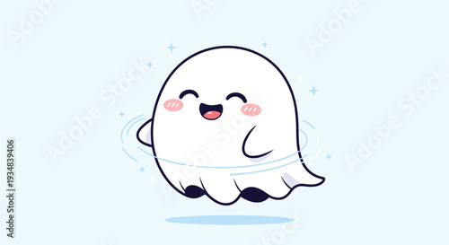 Cute white ghost character floating with a happy smile and glowing stars around its body against a soft light blue colored background.
