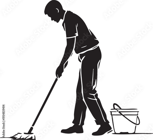 Man cleaning floor with mop and bucket janitor at work cleaning services maintenance concept