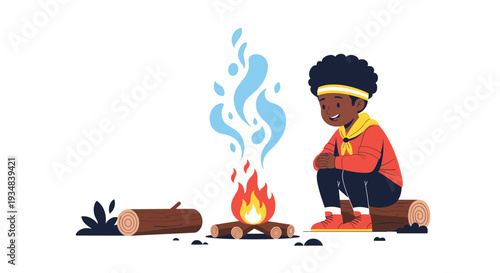 Young boy scout sitting on a log and watching a campfire with blue flames and smoke in a cozy outdoor camping and exploration scene.