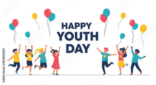 Diverse group of happy young children jumping with joy and holding colorful balloons to celebrate world youth day.