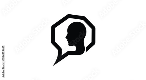 Abstract black icon of a human head silhouette inside a speech bubble representing communication, new ideas, and psychological concepts.