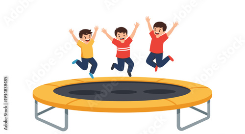 Three happy children in colorful clothes jumping high on an outdoor trampoline with excitement and joy during a summer playtime session.