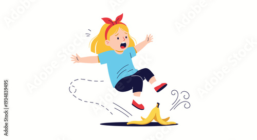 Little girl with a red bow slipping on a yellow banana peel and falling in a comical accident scene against a plain white background.