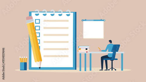 Vector illustration of a person working at a desk with office supplies