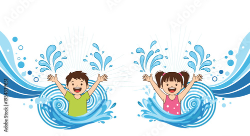 Happy boy and girl playing and jumping through blue water splashes with their arms raised in pure excitement and joy against a white background.