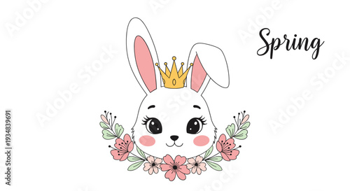 Adorable bunny princess head wearing a golden crown and surrounded by a floral wreath with the word Spring written in elegant script.