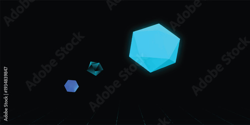 A brilliant crystal heart shape reflects light through the window in the dark, creating a luxury 3D geometric illustration with shiny blue glass and precious gemstone accents on black