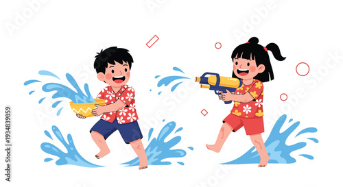 Two happy children in floral shirts having a fun water gun fight with splashes and water droplets during a summer holiday festival.