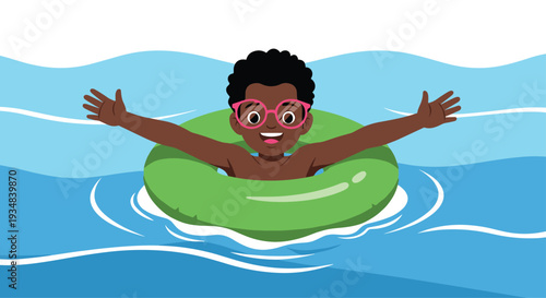 Young boy with glasses and a big happy smile floating in a bright green inner tube on gentle blue ocean waves during summer vacation.