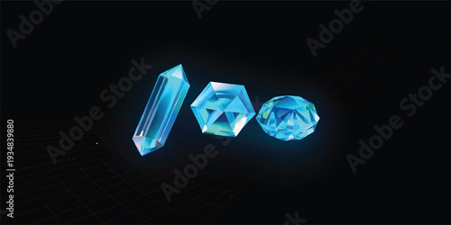 A glowing blue neon sign reflects off a luxury round crystal gem isolated on a shiny black stone surface to create an abstract treasure of light