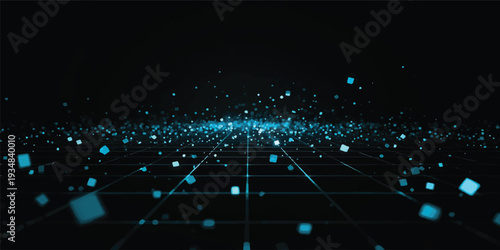 An abstract blue digital wallpaper featuring glowing fiber optics with bright light spots and motion lines creating a high-tech science background pattern for modern business design