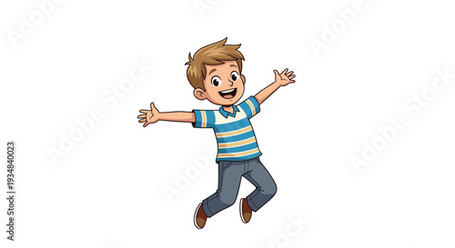 Happy young boy in a striped t shirt and grey jeans jumping for joy with his arms wide open in the air against a white background.