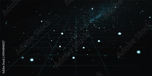 Abstract blue technology background featuring futuristic fiber optics with glowing light spots and a digital pattern of energy stars for a science concept illustration