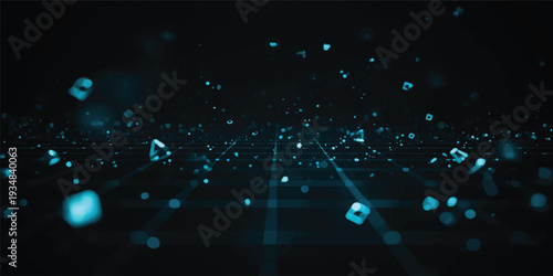 A futuristic digital wallpaper design featuring a glowing blue fiber optic background with bright light spots, motion patterns, and data science textures for a high-tech internet backdrop illustration