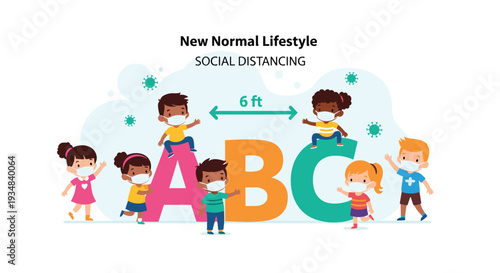 Group of diverse children wearing medical face masks and maintaining distance while playing together near giant colorful letters A B C.