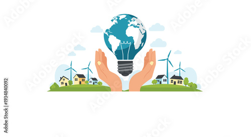 Human hands holding a lightbulb globe over a green landscape with renewable energy sources like wind turbines and sustainable solar panels.