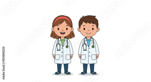 Two cute children dressed in white lab coats with stethoscopes representing future doctors or pretend play in a medical setting.