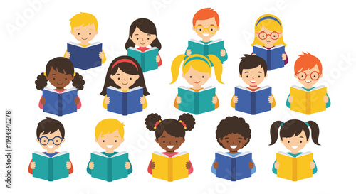 Large group of diverse children from different ethnic backgrounds sitting and reading colorful books together to promote literacy and education.