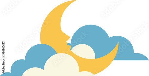 A smiling crescent moon peeking out from behind blue and white clouds at night