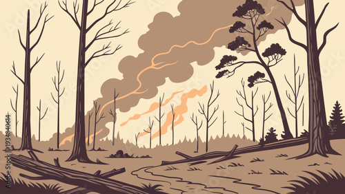 Wildfire Burning Forest – Climate Change Environmental Disaster Illustration