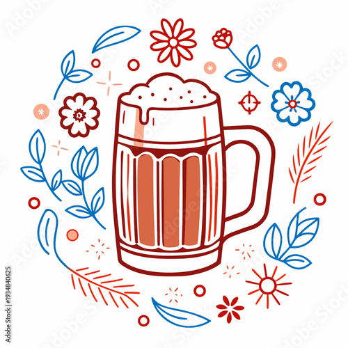 A mug of beer with foam in a linear style. Vector icon of a beer mug with foam