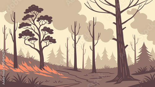 Wildfire Burning Forest – Climate Change Environmental Disaster Illustration