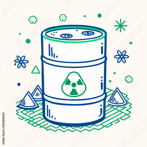 Radioactive nuclear waste barrel in nature line art illustration
