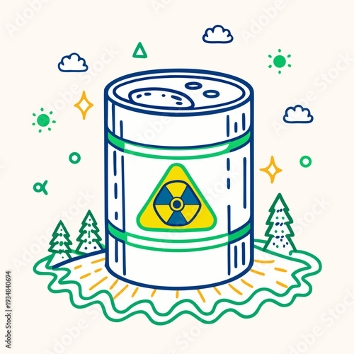 Radioactive nuclear waste barrel in nature line art illustration