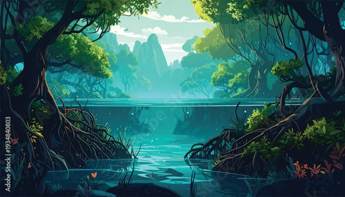 Three Dimensional Layered Abstract Mangrove with Multiple Depth Planes and Parallax Effect - Vector Illustration