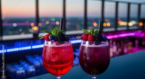 Refreshing Berry Cocktails, Rooftop Bar, City Lights Evening