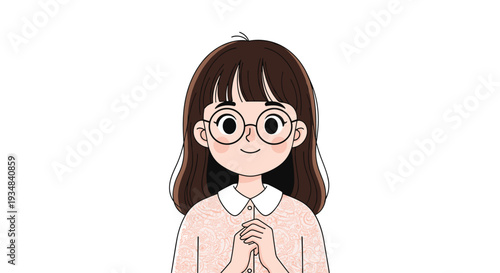 Cute young girl with long brown hair and round glasses wearing a patterned pink dress on a plain white background in anime art style.