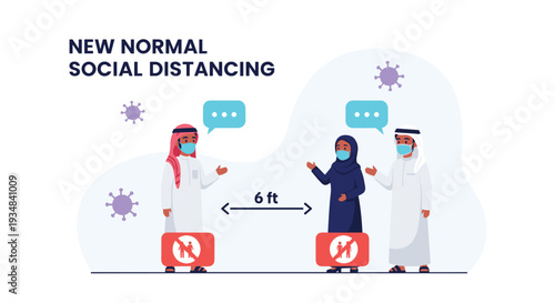 Diverse group of people wearing face masks and keeping a safe distance while communicating as part of social distancing rules and health.