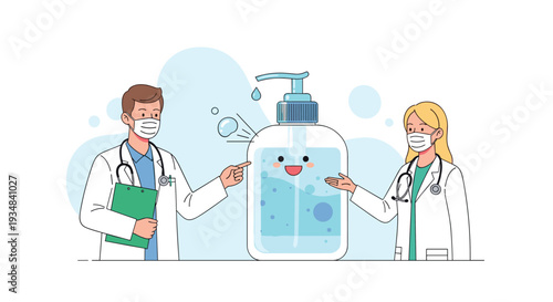 Two medical professionals, a man and a woman, introducing a giant friendly hand sanitizer bottle mascot wearing face masks for hygiene.
