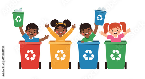 Four diverse children happily standing inside colorful recycling bins to promote environmental awareness and waste sorting for the future.