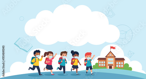 Group of diverse school students wearing backpacks and face masks walking toward a school building in a hilly landscape under a large cloud.
