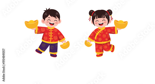 Two happy children dressed in traditional red Chinese outfits holding large golden ingots to celebrate the Lunar New Year and prosperity.
