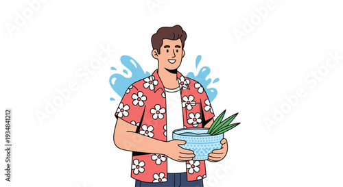 Smiling man wearing a red floral shirt holding a ceramic bowl of water with jasmine leaves for the Songkran festival.