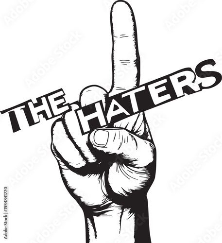 Hand gesture with middle finger and the haters text on white background symbolizing defiance