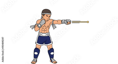 Cartoon illustration of a muscular Muay Thai fighter throwing a powerful punch with traditional hand wraps and shorts.