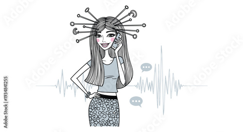 Stylish illustration of a woman talking on a mobile phone with many needles or pins stuck in her hair as an art concept.