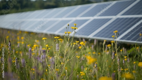 Solar Farm Panels Behind Wildflowers in Meadow for Clean Renewable Energy