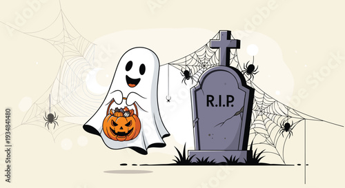 Friendly ghost character holding a jack o lantern bucket next to a tombstone in a spooky halloween graveyard scene.