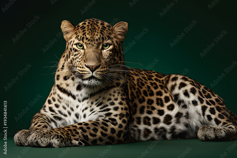 Fototapeta premium Leopard rests on a green surface in a studio setting during the day